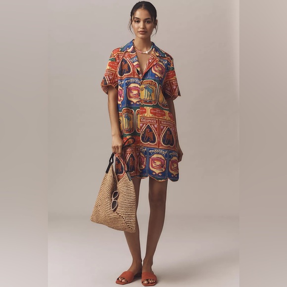 Farm Rio Graphic Scalloped Mini Shirt Dress, Size L - Picture 4 of 14